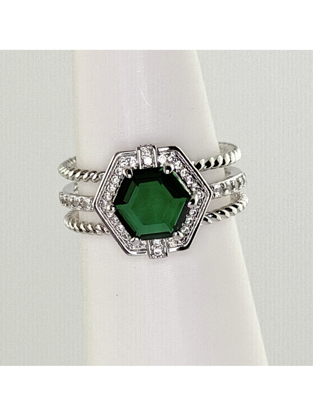 Bomb Party May Ring Sz 8 "The Corrine Ring" Lab Created Emerald on Rhodium